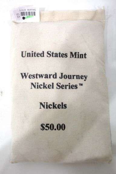 2004 "P" Nickels , Keelboat design , Mint sewn Bag of Westward Journey Nickels $50 face value ...