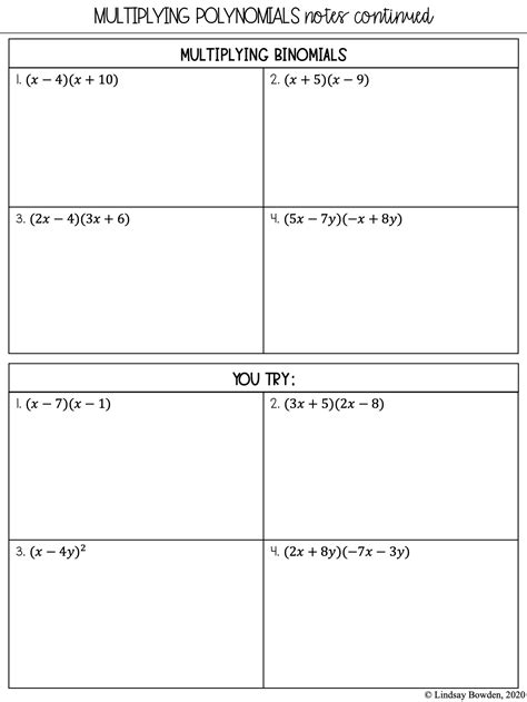 Multiplying Polynomials Notes and Worksheets - Lindsay Bowden