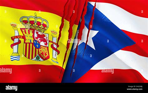 Spain and Puerto Rico flags with scar concept. Waving flag,3D rendering ...