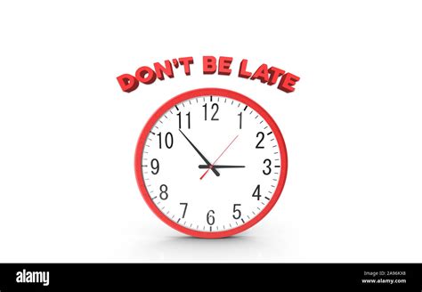 Don't Be Late 3D message in front of a red clock. High resolution image for all your crop needs ...