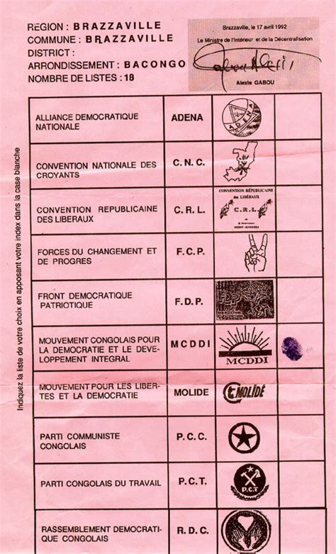 Congo Brazzaville: Ballot Paper for Parliamentary Elections (1992)