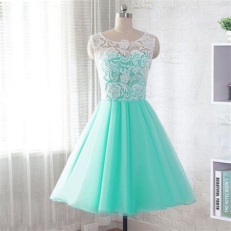 A-Line Jewel Short Mint Green Chiffon Homecoming Dress with Lace | Teal prom dresses, Cute prom ...