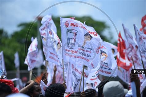 Image of Janasena party symbol 'glass tumbler' on the flags at an election campaign in ...