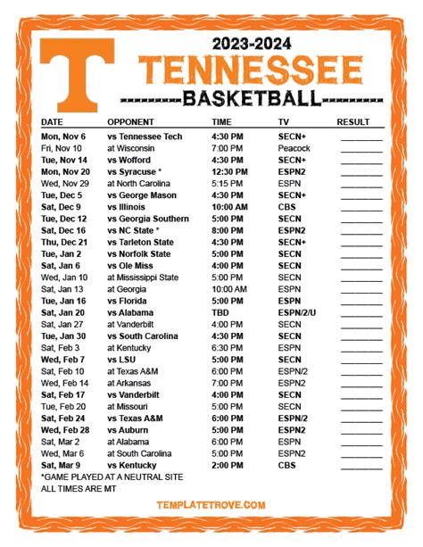 Printable 2023-2024 Tennessee Volunteers Basketball Schedule