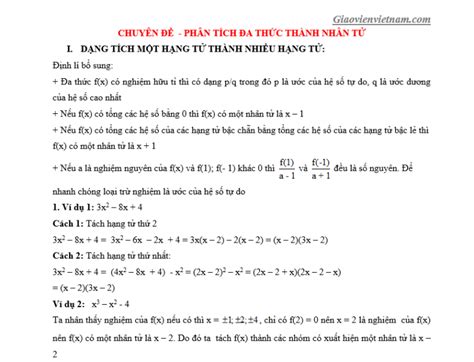 Chuyên đề phân tích đa thức thành nhân tử nâng cao - Giáo viên Việt Nam