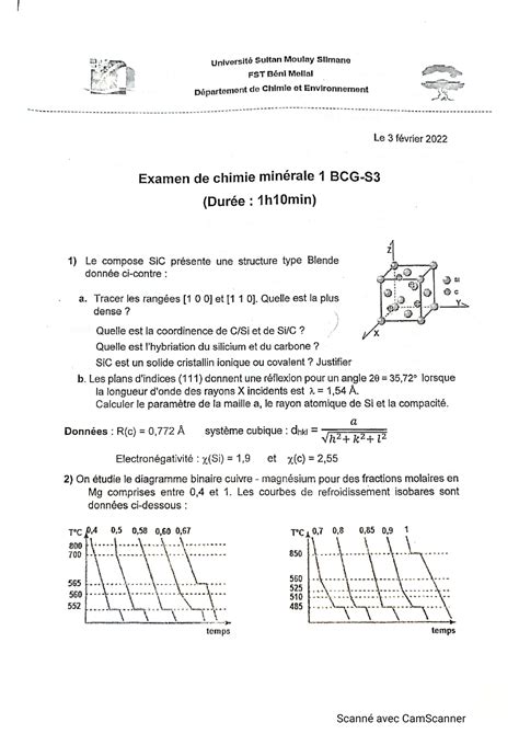 Examen DE LA Chimie Minérale ( Ordinaire 2022) - Chimie I - Studocu