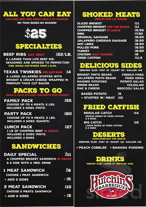 Hutchins BBQ menu in Frisco, Texas, USA