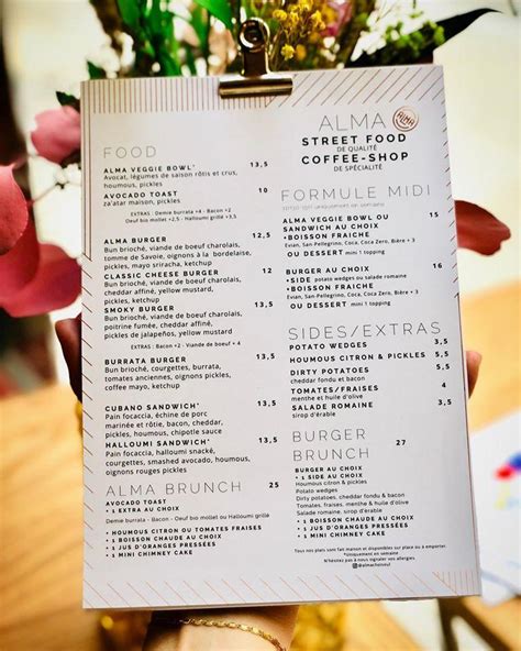 Menu at ALMA - Restaurant, Brunch, Pâtisserie, Coffee-shop, Paris, 72 Pass. Choiseul