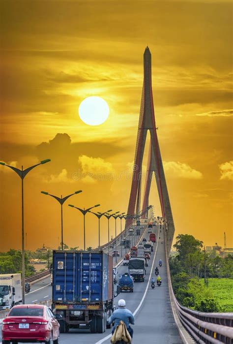 Heavy Traffic on Can Tho Bridge at Sunset Sky. Editorial Photography ...