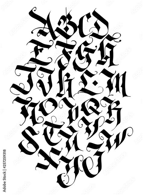 Handwritten calligraphy alphabet vector set. Medieval Latin letters. Individual letters. Elegant ...