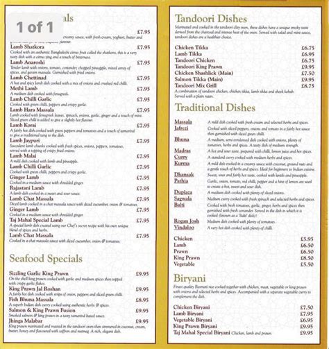 Menu at Taj Mahal restaurant, Kington