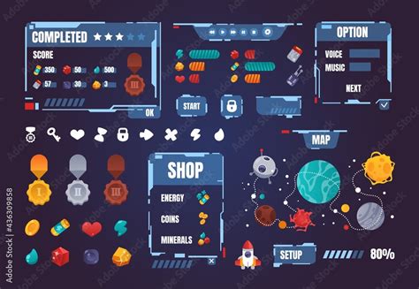 Vetor de Game UI kit. Cartoon interface menu elements. Buttons and ...