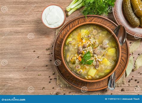 Rassolnik. Soup with Chicken Giblets and Pickles. the View from the Top. Copy-space. Stock Photo ...