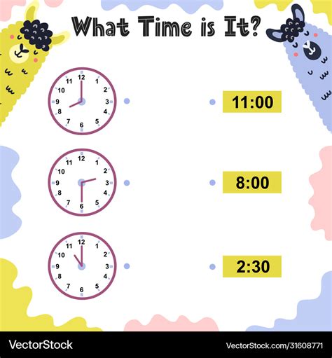 What time is it activity page for kids with clock Vector Image