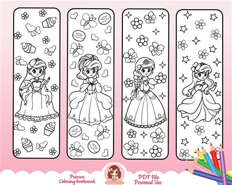 Printable Bookmarks for Kids, Set of 4 Bookmarks Princess Theme, Coloring Pages for Kids ...