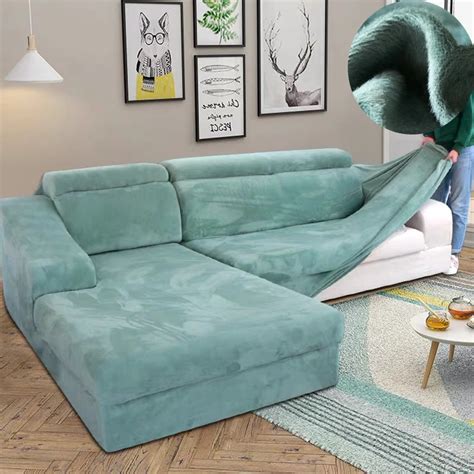 Velvet Plush L Shaped Sofa Cover For Living Room Elastic Furniture ...