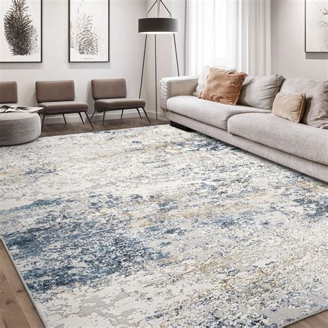 Area Rug Living Room Rugs - 9x12 Abstract Large Soft Indoor Washable Rug Neutral Modern Low Pile ...
