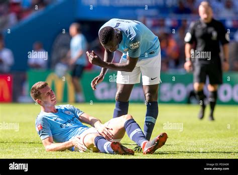 Phil Foden of Manchester City lies injured in pain during the 2018 FA Community Shield match ...