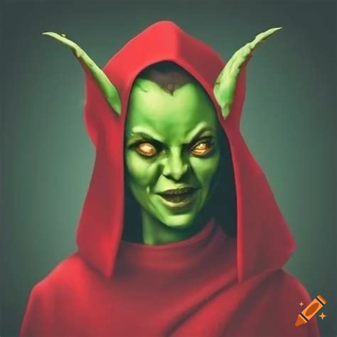 Photo of a young female green goblin in a red robe on Craiyon