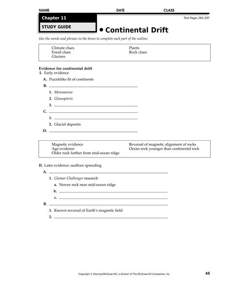 Evidence for Continental Drift- worksheet