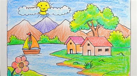 Easy village scenery drawing for beginners - step by step - Wax crayons - YouTube