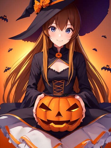 Premium AI Image | Cute witch girl on halloween night anime art for mobile wallpaper