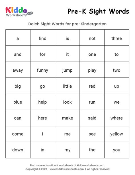 Free Printable Sight Words Pre-k Worksheet - kiddoworksheets