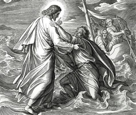 Jesus and Peter walk on water, Scene from Gospel of Matthew Drawing by ...