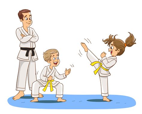 Cartoon kids training martial arts in kimono uniform. Karate or taekwondo character illustration ...