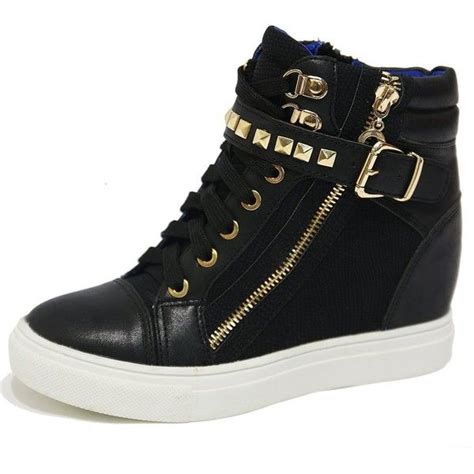 Women's Black Gold Rock Studded Strap Buckle Zip High Top Sneakers Lady Ankle Trainers Boo ...