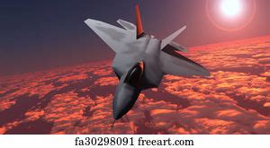 Free art print of F-22 Fighter Jet at Sunset. An F-22 fighter jet flies at an altitude above the ...