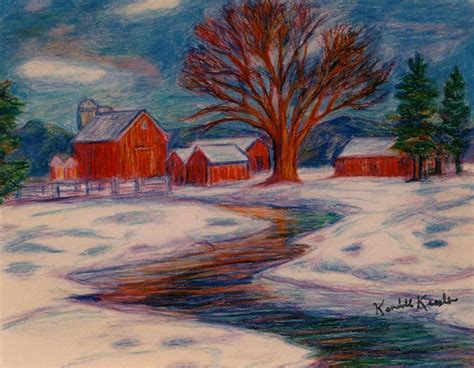 Winter Barn Scene Drawing by Kendall Kessler