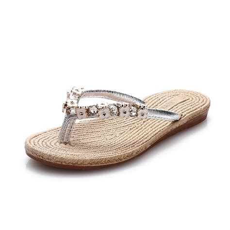 2016 Women's Flip Flops With Comfortable Low Heel Flat Bling Rhinestone ...