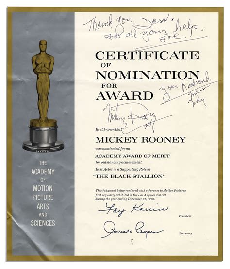 Lot Detail - Mickey Rooney Official Oscar Nomination For Best Actor in ...