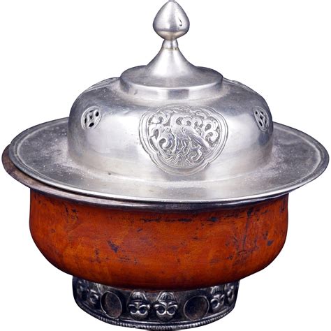 Tibetan covered wooden bowl with metal alloy top and inner lining 19th from bearraven on Ruby Lane