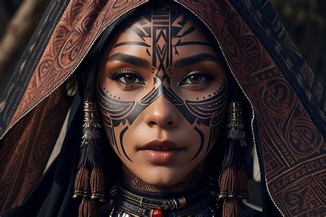 Premium AI Image | A stunning photo of a woman with aztech tribal markings and an incredibly ...
