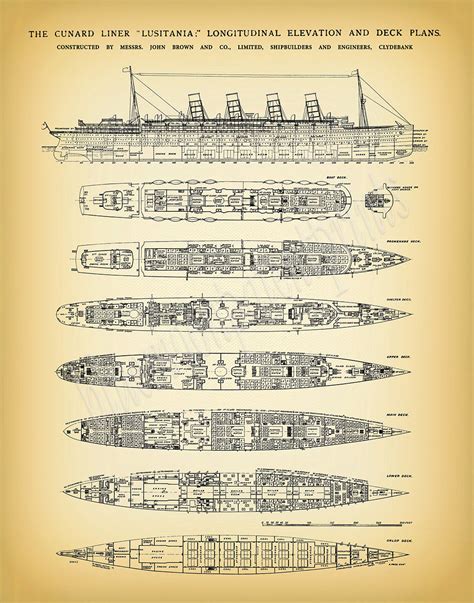 R.M.S. Lusitania Poster - Lusitania Ship Print - Lusitania Blueprint - Lusitania Deck Plans ...