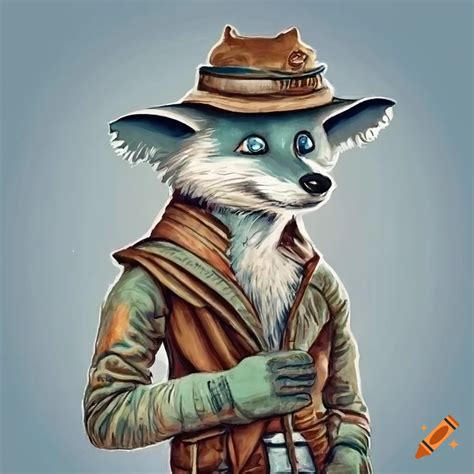 Artistic depiction of an anthropomorphic arctic fox adventurer on Craiyon