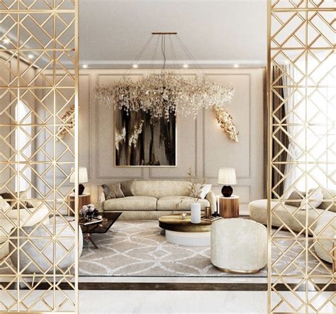 Gorgeous All white and gold luxury living room decor with white modern ...