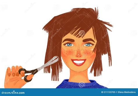 Illustration Of A Girl Doing Her Own Haircuts. Funny Bad Haircut, Bad ...