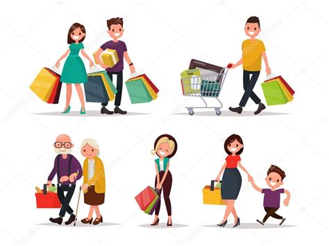 Conjunto de personajes y gente de compras. Vector ilustración de un 2023