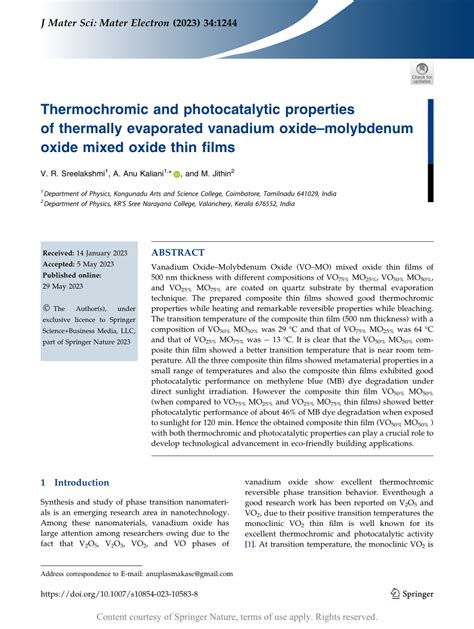 Thermochromic and photocatalytic properties of thermally evaporated vanadium oxide–molybdenum ...