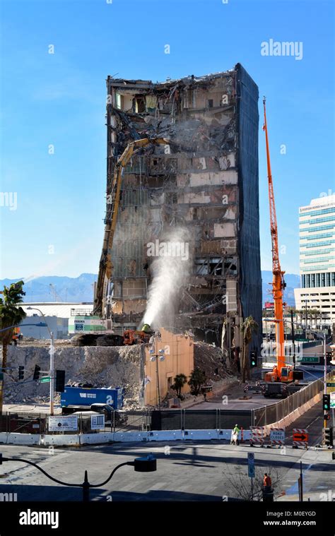 Demolition crew tearing down an old hotel in downtown Las Vegas Stock ...