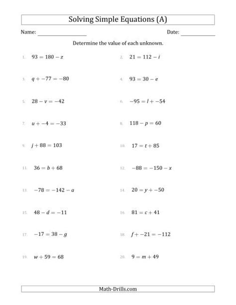 Solving Simple Linear Equations with Unknown Values Between -99 and 99 and Variables on the Left ...