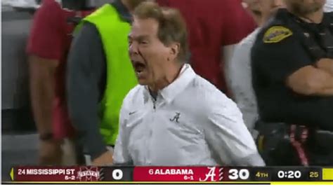 Angry Nick Saban Curses Out Ref While Up 30-0 With 20 Seconds To Go In ...