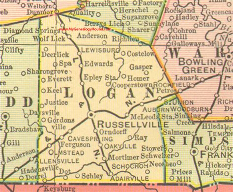 Logan County, Kentucky 1905 Map vintage Russellville, KY