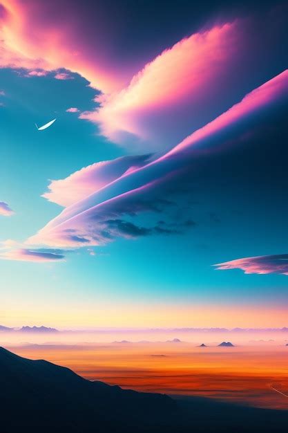 Premium AI Image | A sunset with a plane flying over the clouds.