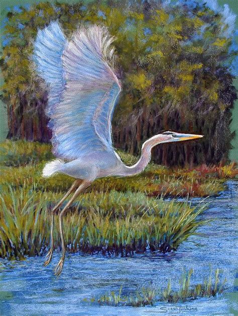 Blue Heron In Flight Pastel by Susan Jenkins