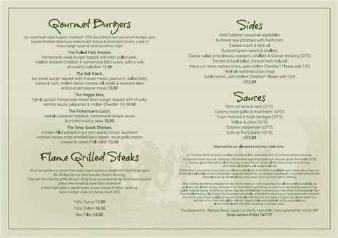 Menu at The Devonshire pub & bar, Nether Langwith, Rectory Rd