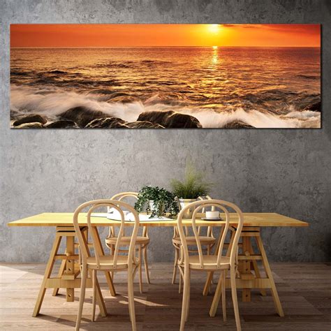 Ocean Waves Canvas Wall Art, Orange Seascape Ocean Rocks 1 Piece Canvas Print, Yellow Sunset at ...